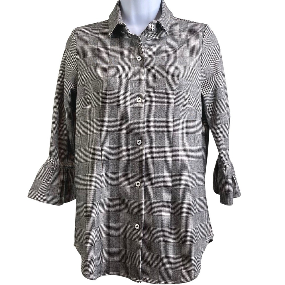 GRETCHEN SCOTT Womens Grey Plaid Button Down Shirt XS Ruffle Cuffs Preppy Office
